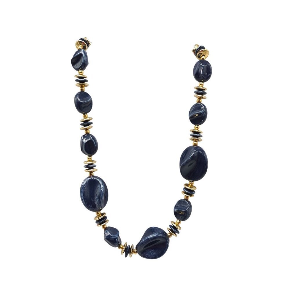 Vintage Blue Gold Acrylic Beaded 1980s Necklace